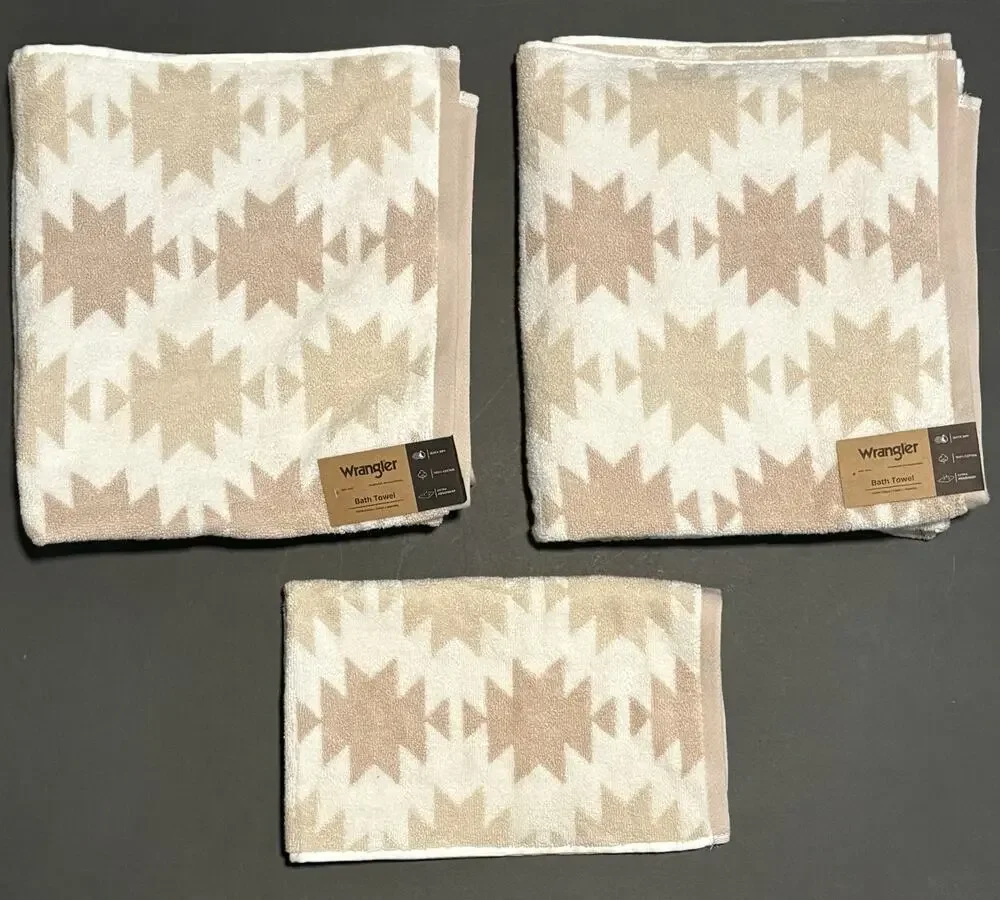Wrangler Bath Hand Towels Canyon Ikat Beige Set Of 3 Pcs Aztec Southwestern Tan